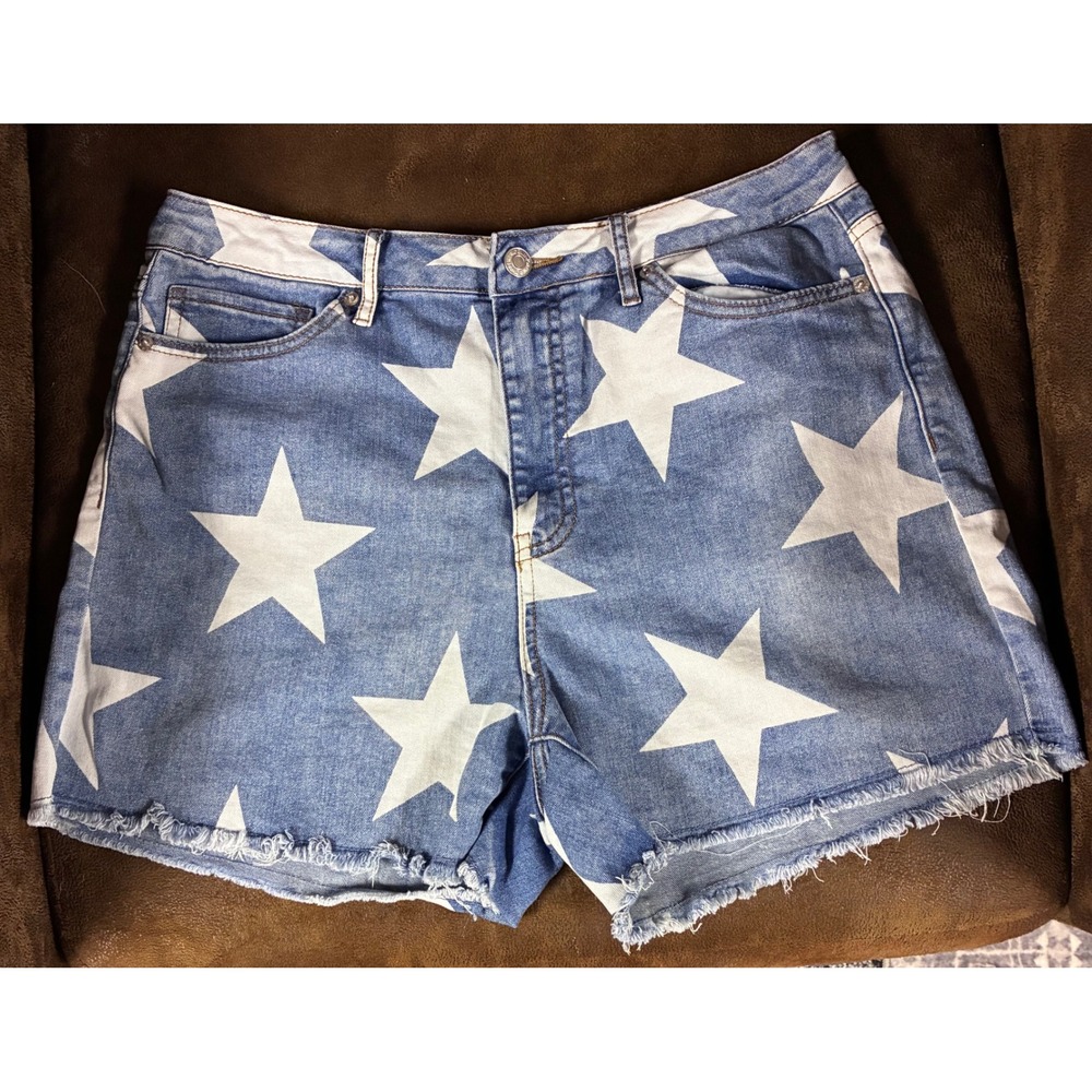 Forever 21 Blue White Star Print Denim Shorts High Waisted Raw Hem Size 30
